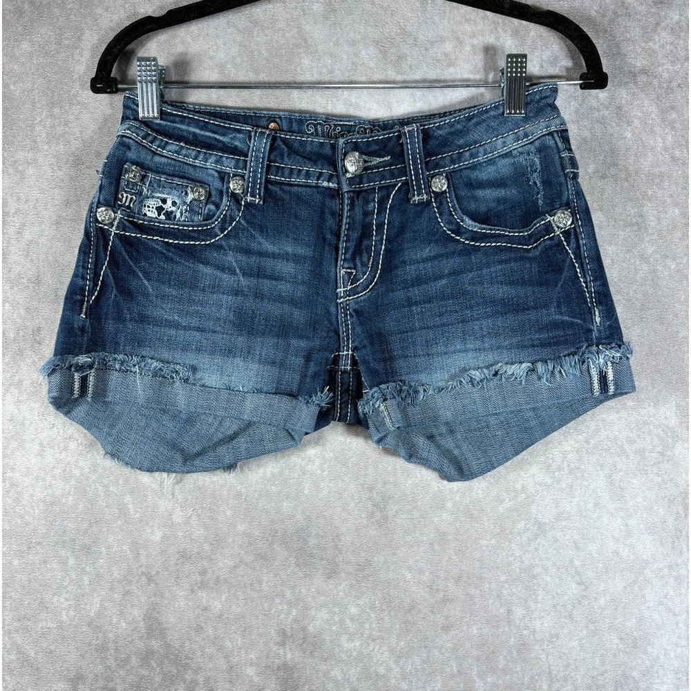 Miss Me Denim Shorts Women 26 Blue Cut Off Lace Inset Embellished Y2K Boho